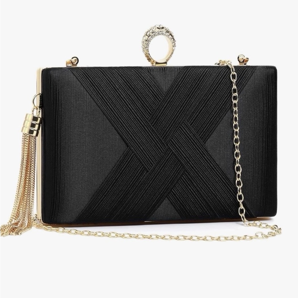 Elegant Black Satin Clutch with Gold Ring and Chain Strap